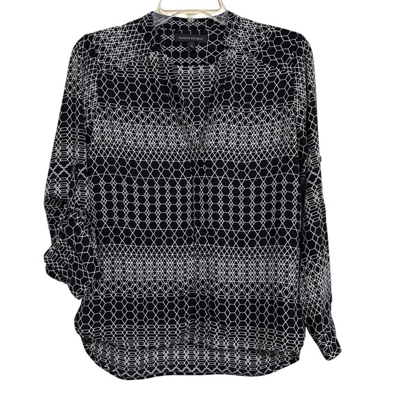 Banana Republic Tops - Banana Republic Black White Geometric Print Semi Sheer Roll Tab Sleeves Sz XSP